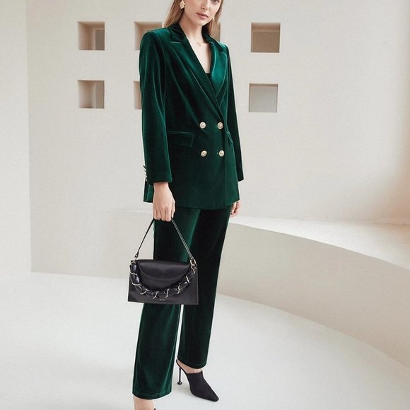 Classic Velvet Double Breasted Blazer Green - Picture 5 of 5